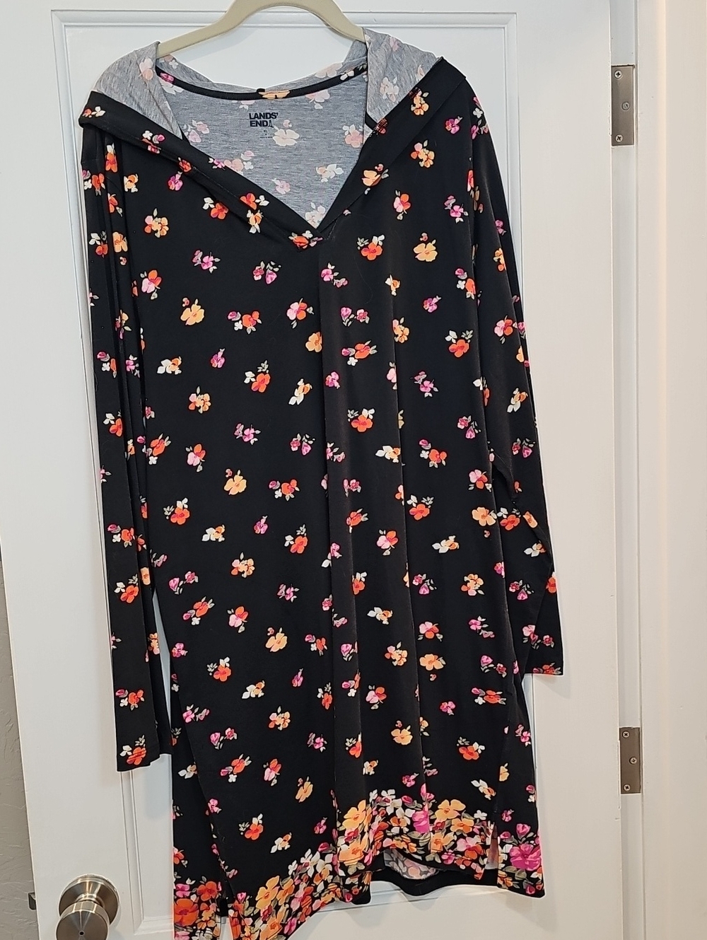 Lands' End Black Floral Hooded A-Line Dress Long Sleeves